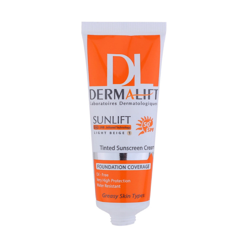 کرم ضد آفتاب کرم پودری بژ روشن پوست چرب فاقد چربی SPF50 درمالیفت شماره 1